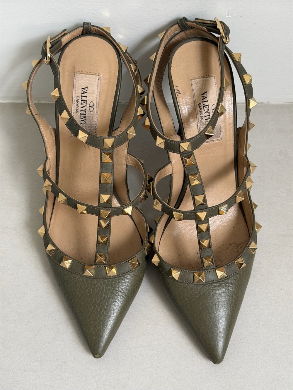 Valentino Garavani Olive Green Rockstud Pointed Pumps